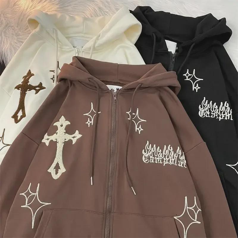 Cross Flame Embroidered Retro Hip Hop Unisex Cardigan Jacket
