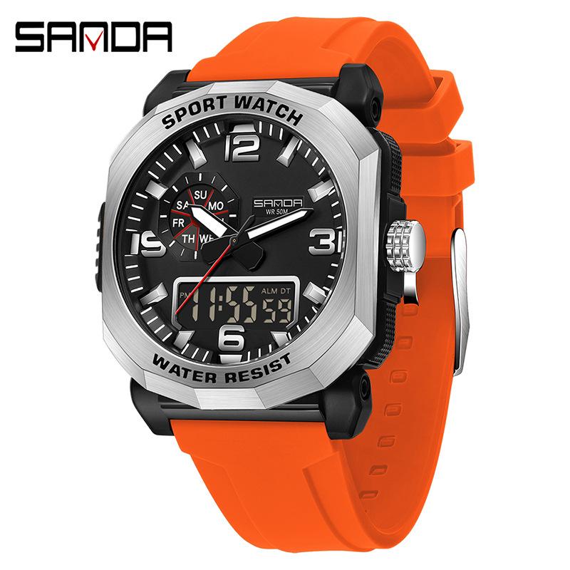 Sanda 3370 Кварцевые Аналоговые Модные Наручные Часы с Двойным Дисплеем Многофункциональные Для Активного Отдыха Водонепроницаемые Электронные Часы Цифровые для Мужчин