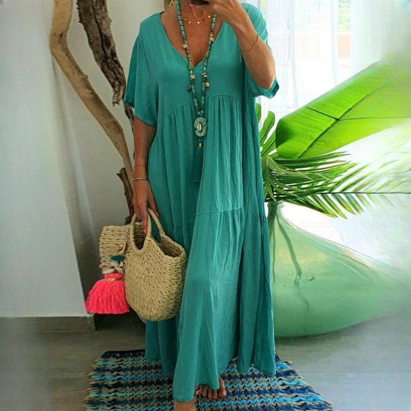 Summer Fashion New Women's Long Dress V- Neck Irregular Cotton Blended Elegant Large Size Casual Long Swing Vintage Dress