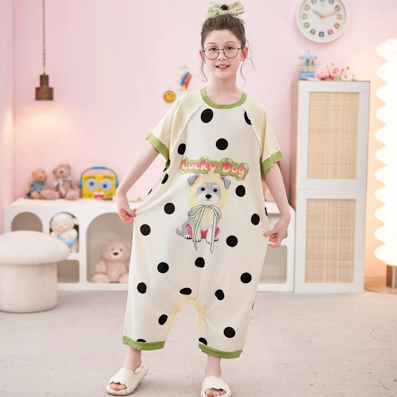 Tencel Girls One-Piece Short Sleeve Pajamas Lightweight Sleepwear Kids Anti-Kick Blanket Home Wear