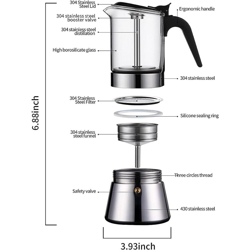 Кофеварка для эспрессо на индукционной плите Moka с клапаном давления, столешницей из хрустального стекла и кастрюлей Esprosso Moka из нержавеющей стали, классическая итальянская кофеварка