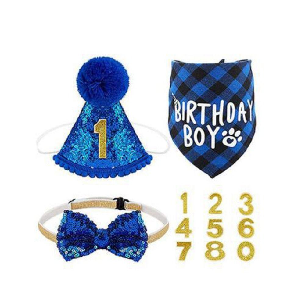 Pet Bow Tie Decorative Pet Birthday Set Adjustable Blue Dog Sequins Hat Polyester Dog Birthday Triangle Scarf Birthday Party