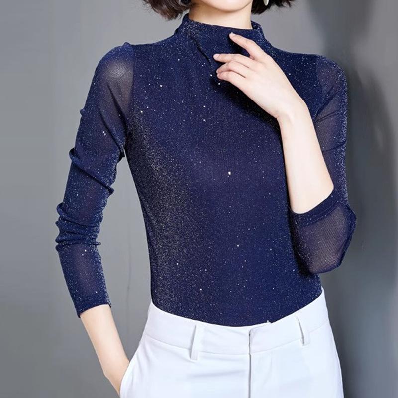 Spring and Autumn Women's Half High Neck Bottom Shirt Inner Mesh Top