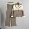 Women's Double-Breasted Knitted Suit: Two-Piece Set with Wide-Leg Pants and Suit Collar