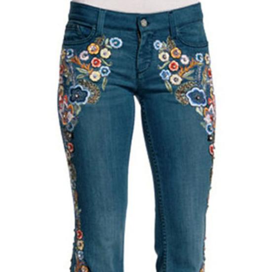 Yousheng Women Jeans Floral Embroidery Flared Leg Button Zipper Closure with Pockets Mid Waist Plus Size Long Trousers for Dating Daily Wear Commuting