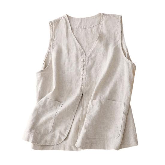 Хлопково-льняной жилет для женщин летний без рукавов кардиган повседневный на пуговицах короткая куртка