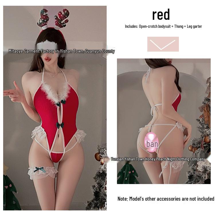European & American Christmas Sexy Open-Crotch Halter Bodysuit - Tempting Backless Lingerie Sleepwear