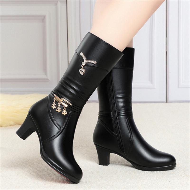 Женские зимние сапоги Мягкая кожа Женская зимняя обувь Теплые Высокие каблуки Толстый мех Длинные сапоги Женский тренд Сапоги для верховой езды Женские