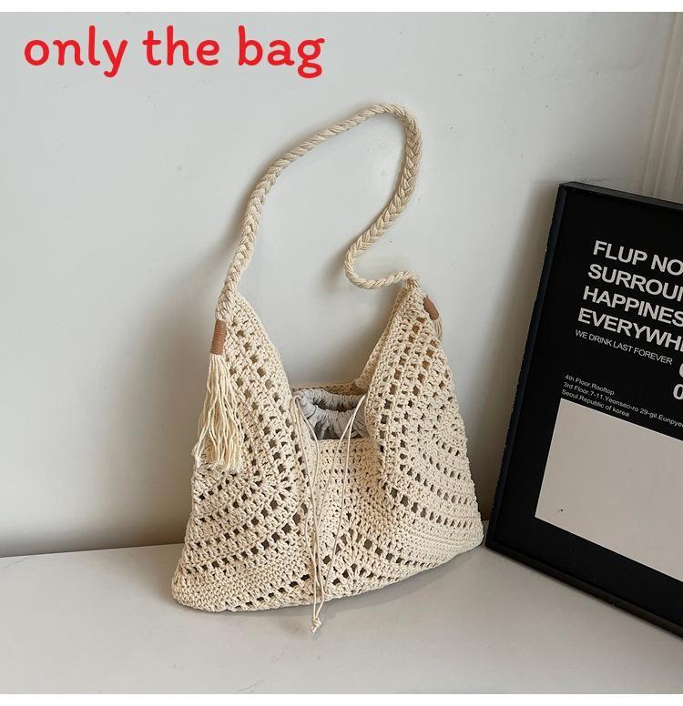 Casual Woven Shoulder Bag With Large Size And Tassel Drawstring Closure For Summer Holiday