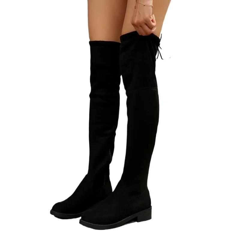 Женская обувь Боковая молния Женские сапоги Модные ботинки со шнуровкой сзади Современные ботинки Женские зимние сапоги больших размеров выше колена