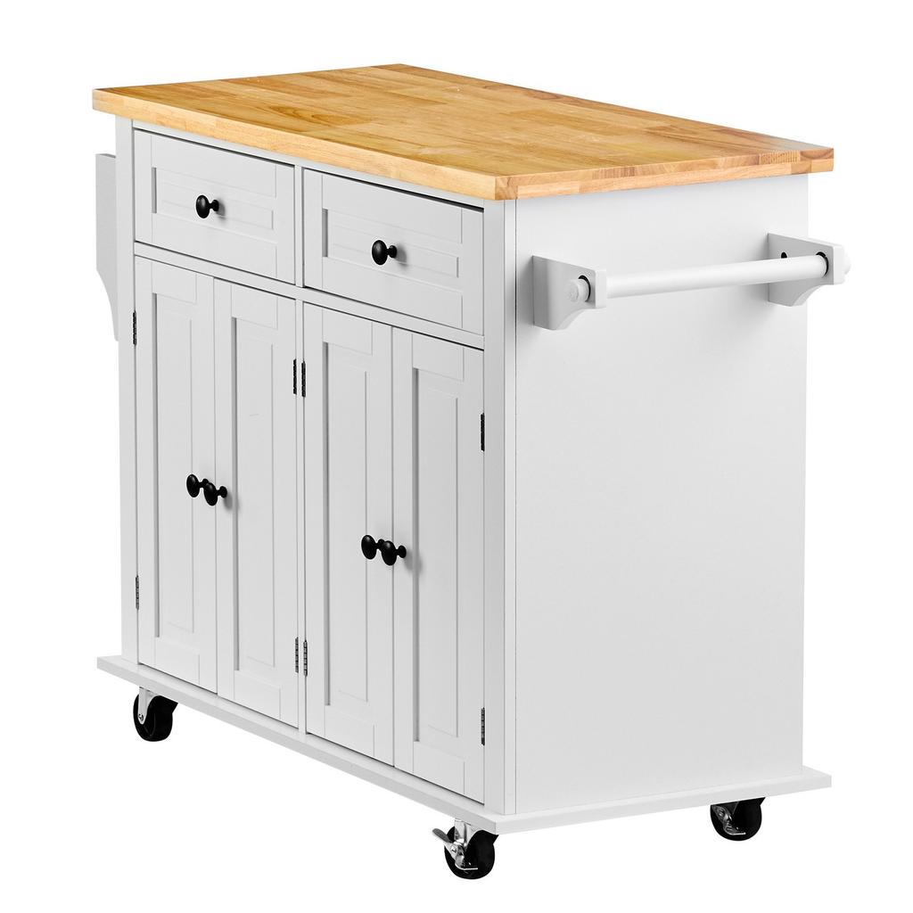 VEVOR Kitchen Island Cart with Solid Wood Top, 90 cm Width Mobile Carts with Storage Cabinet, Rolling Kitchen Table with Spice Rack, Towel Rack