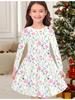 Girls' Autumn and Winter Fashion Dress, 3D Flower Print Round Neck Long Children's T-shirt Dress, Casual Versatile, Christmas Clothing