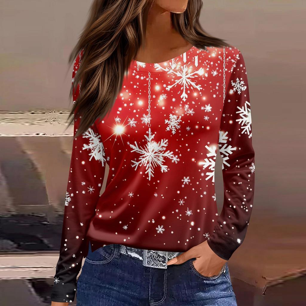 Women's Fashion Casual Slit Hem Round Neck Long Sleeve Loose Christmas Printed T-Shirt Ladies Top