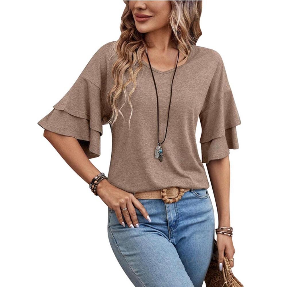 Women's Summer Tops New Solid Colour V-neck Short-sleeved Women's Double-layer Sleeve Loose T-shirt Short-sleeved