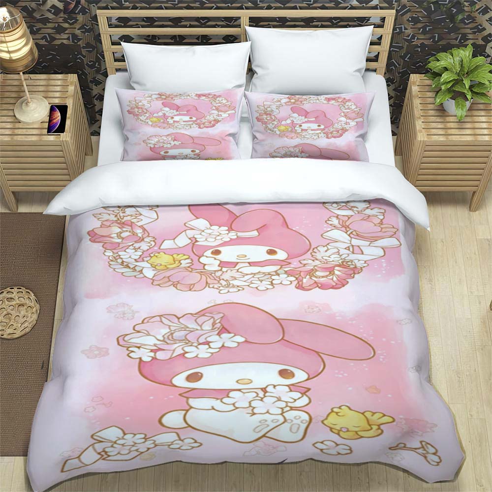 The My Melody cartoon-patterned three-piece bedding set, including a duvet cover and two pillowcases, is the perfect choice for