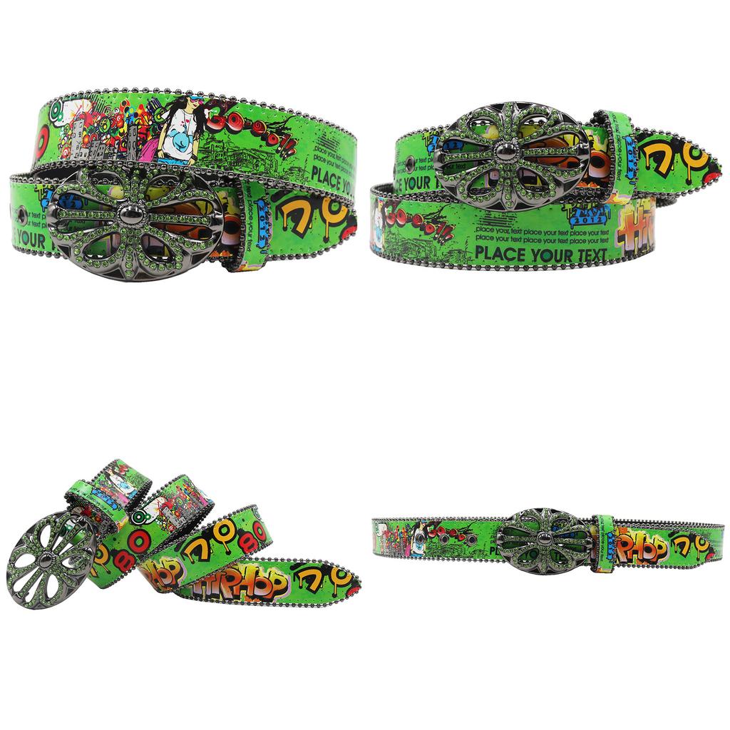 Ворона Стразы Пряжка Головной Крючок Принт Граффити Повседневный Персонализированный Ремень Ремень Европейский и Американский Универсальный