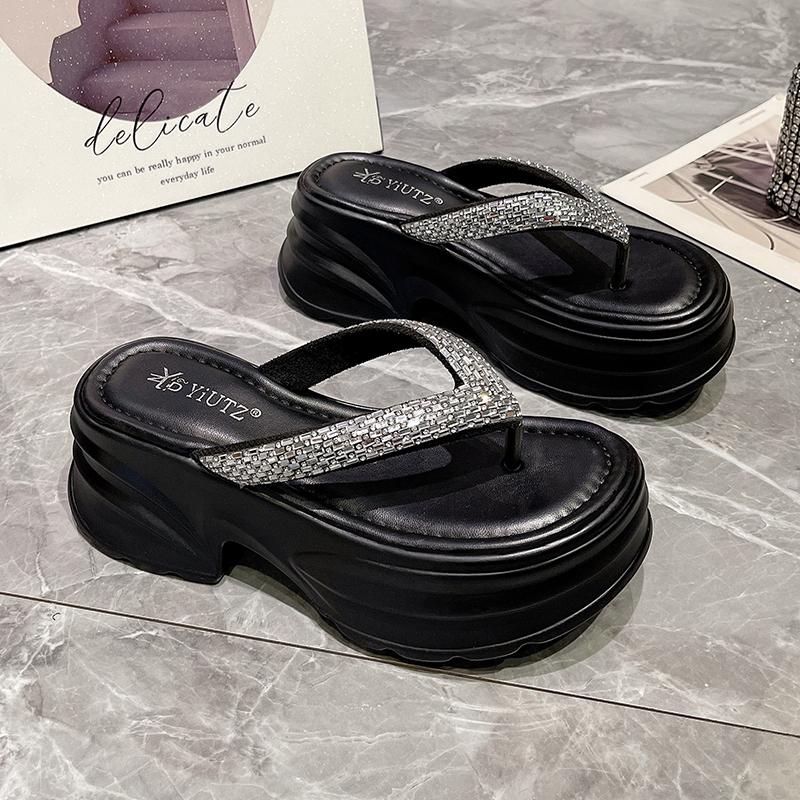 Fashion 8CM Women High Platform Slippers New 2025 Summer Crystal Beach Flip-Flops Ladies Wedge Heels Shoes Woman Outside Chunky Sandals