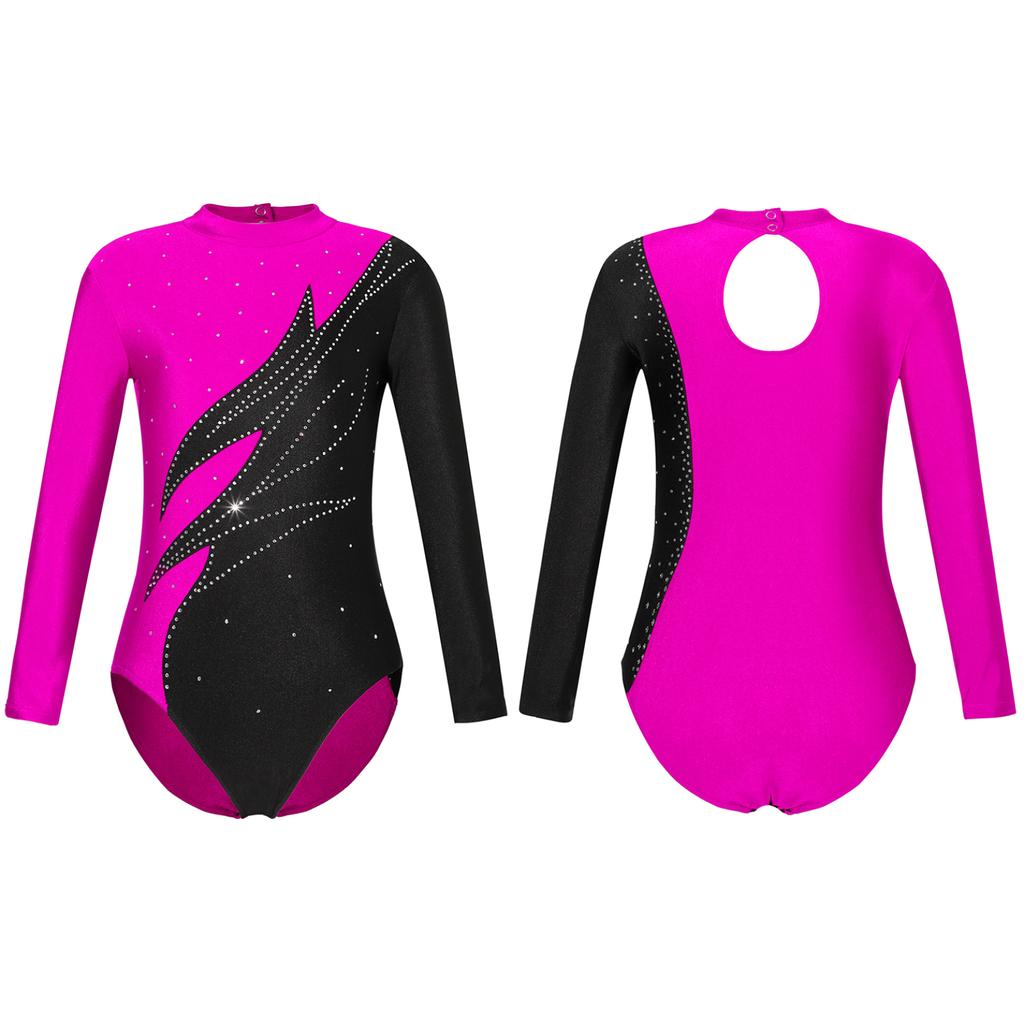 Гимнастический купальник с длинными рукавами для девочек, боди для спортивных танцев с блестящими бусинами и пламенем