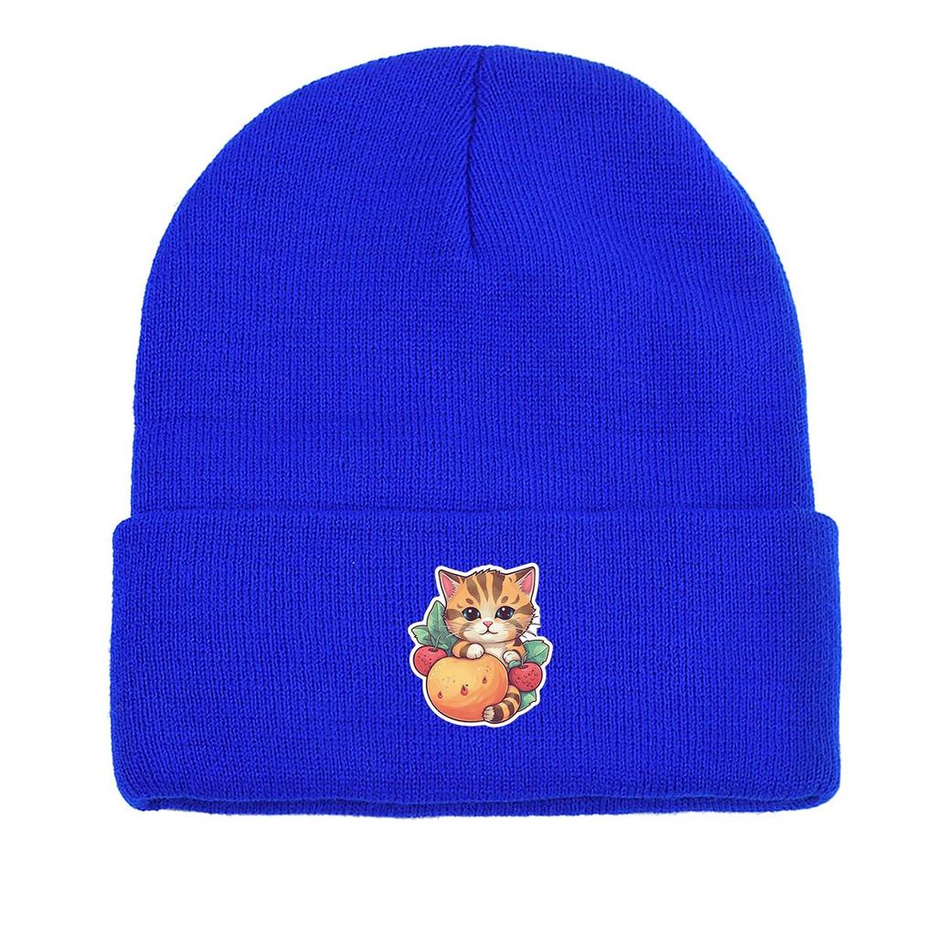 Cat Fruit Print Knitted Cap Beanie, Skull Cap Cancer Chemo Fit Trendy Headwear Knit Hat Beanie