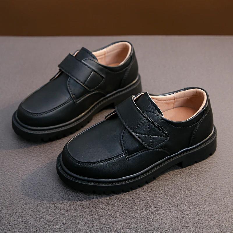 2024 New Versatile Soft Four Seasons Black UK Uniform School Shoes Hook & Loop Kids Boys Loafers Breatheable Simple Child Shoes