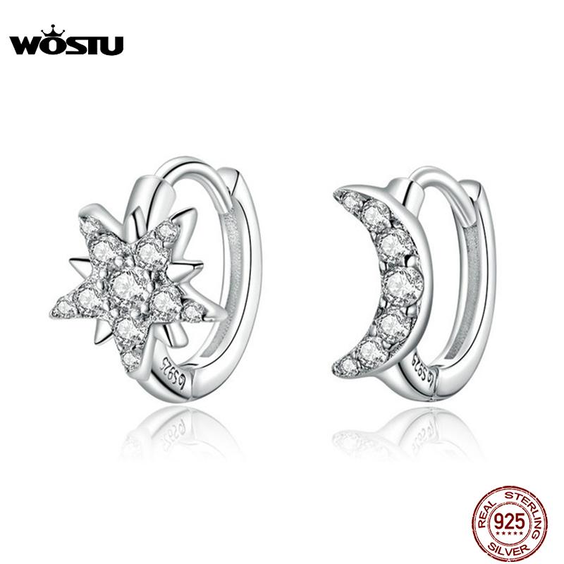 WOSTU Authentic 925 Sterling Silver Moon Star Earrings Classic Zircon Smart Earrings For Women Making Fine Jewelry CTE289