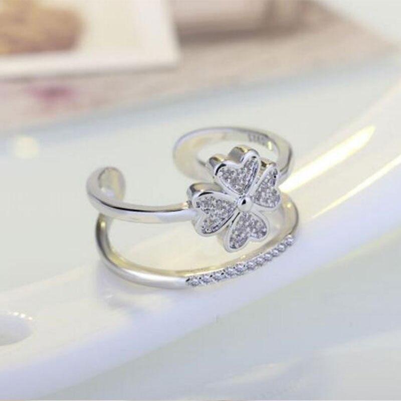 925 Sterling Silver Double Layer Heart Cute Lucky 4 Leaf Clover Opening Rings For Women Jewelry Dropshipping S -R193