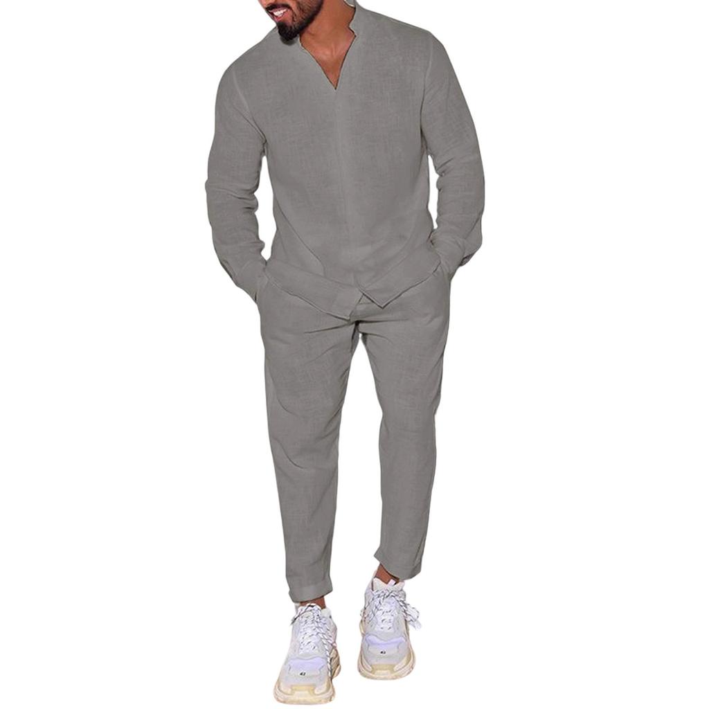 Мужской  Повседневный  Модный  Льняной  С  Длинными  Рукавами  Рабочая одежда  Брюки  Комплект из двух предметов