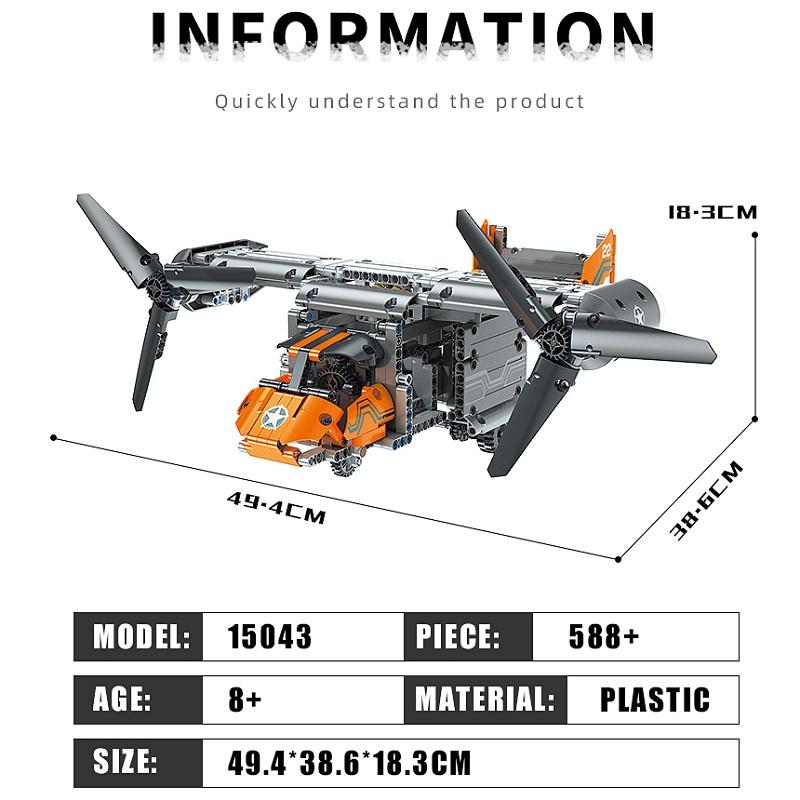 MOULD KING 15043 Technical Building Blocks For Boys RC Car Motorized Boeing Bell V22 Osprey Plane Model MOC-10855 Bricks Kid Toy