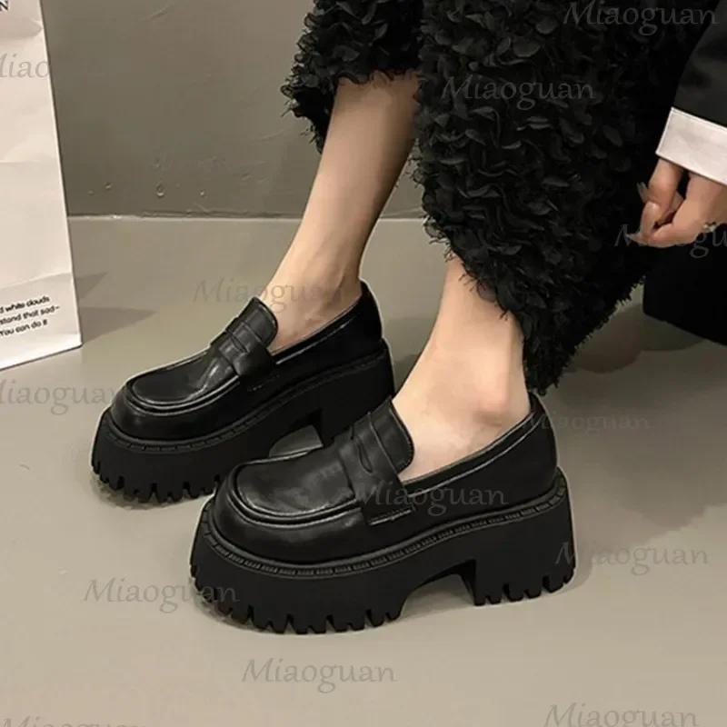 Women Loafers Thick High Heel Shoes Pu Leather Platform British Female Pumps Heightening Brown Slip On Design Punk Lolita Shoes