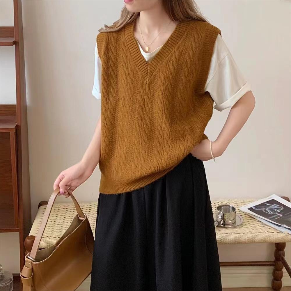 WTEMPO Свитера без рукавов в стиле преппи, трикотажные женские однотонные повседневные свитера с V-образным вырезом, трикотажные жилеты