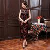 Women Summer Cheongsam Stand Collar Floral Print Hollow Out Split Hem Sleeveless Qipao Slim Fit Retro Chinese Style Mid-calf Length Wedding