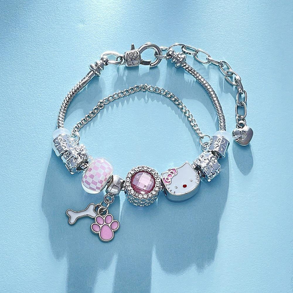 Розовый браслет Pandora Hello Kitty - Милый мультяшный кот, шарм-браслет, бижутерия
