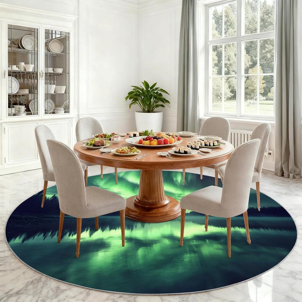 Modern Round Aurora Northern Lights Rug Waterproof Polyester Living Room Floor Mat Green Landscape Decor Area Carpet for Bedroom