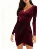 Women's Velvet Dress Sexy Pleated Slim Deep V-neck Elegant Long Sleeve Wrap Party Evening Gown Dress