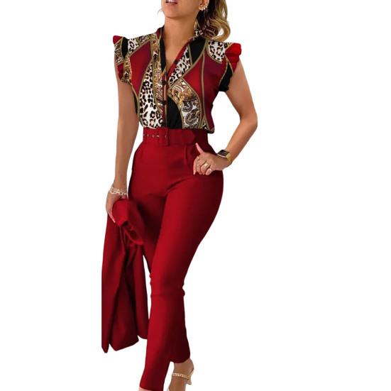 2 шт./компл. летние наряды с v-образным вырезом на пуговицах и высокой талией с рюшами на рукавах и принтом, повседневная одежда, одинаковый пояс