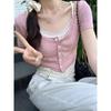 Light Pink Low U-neck Exposed Collarbone Sexy Shoulder Knitted Cardigan Women's Thin Half-sleeved Short T-shirt Top Summer New Style