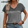 Летняя женская футболка с v-образным вырезом, полосатые лоскутные топы с короткими рукавами