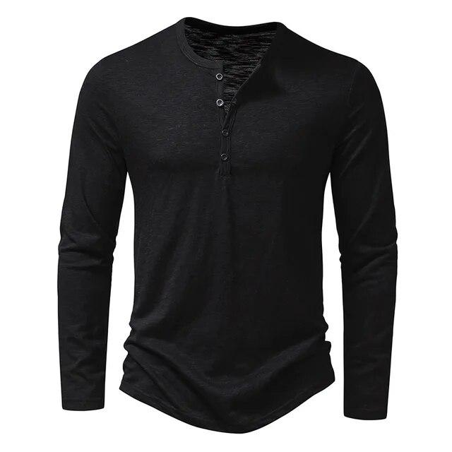Мужская рубашка-henley с пуговицами, длинный рукав, повседневная, однотонная, с пуговицами