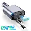 Retractable Car Charger, 4 In 1 Fast Charging Car Charger 120W, Type C Dual USB Ports Car Charger Adapter For IPhone Huawei LG