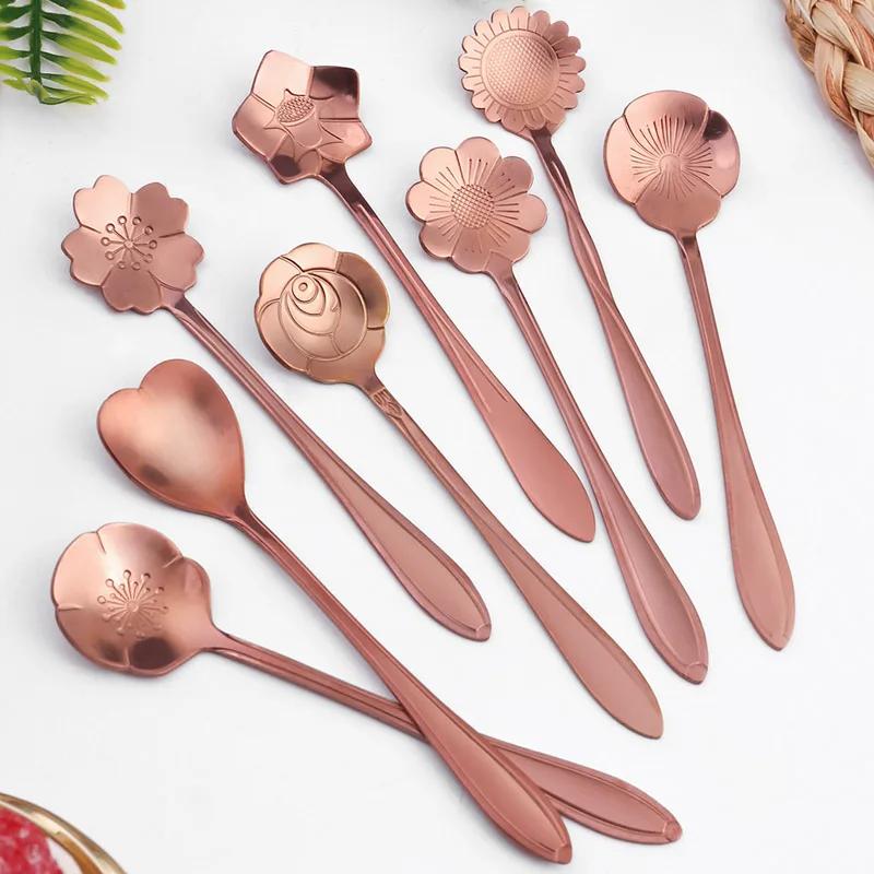 Набор 8 шт. Маленькая ложка для чая с цветком из нержавеющей стали 304 для мороженого, кофе, подарки, десертная посуда, кухонная посуда, аксессуары