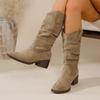 Autumn Foreign Trade New Large Size Thick Heel Medium Tube Stacking Boots Women's Cross-border Medium Heel Foot Cuff Square Head Suede Knight Boots