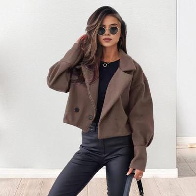 Женское осенне-зимнее пальто короткого типа с отложным воротником, однотонное, свободная застежка на пуговицы
