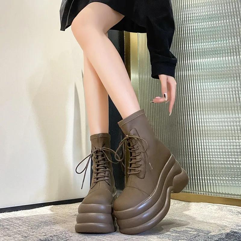 Fashion 9CM Winter Warm Leather Ankle Boots Women Autumn High Platform Fur Shoes 2024 Woman Heels Chunky Motorcycle Boots Booties Mujer