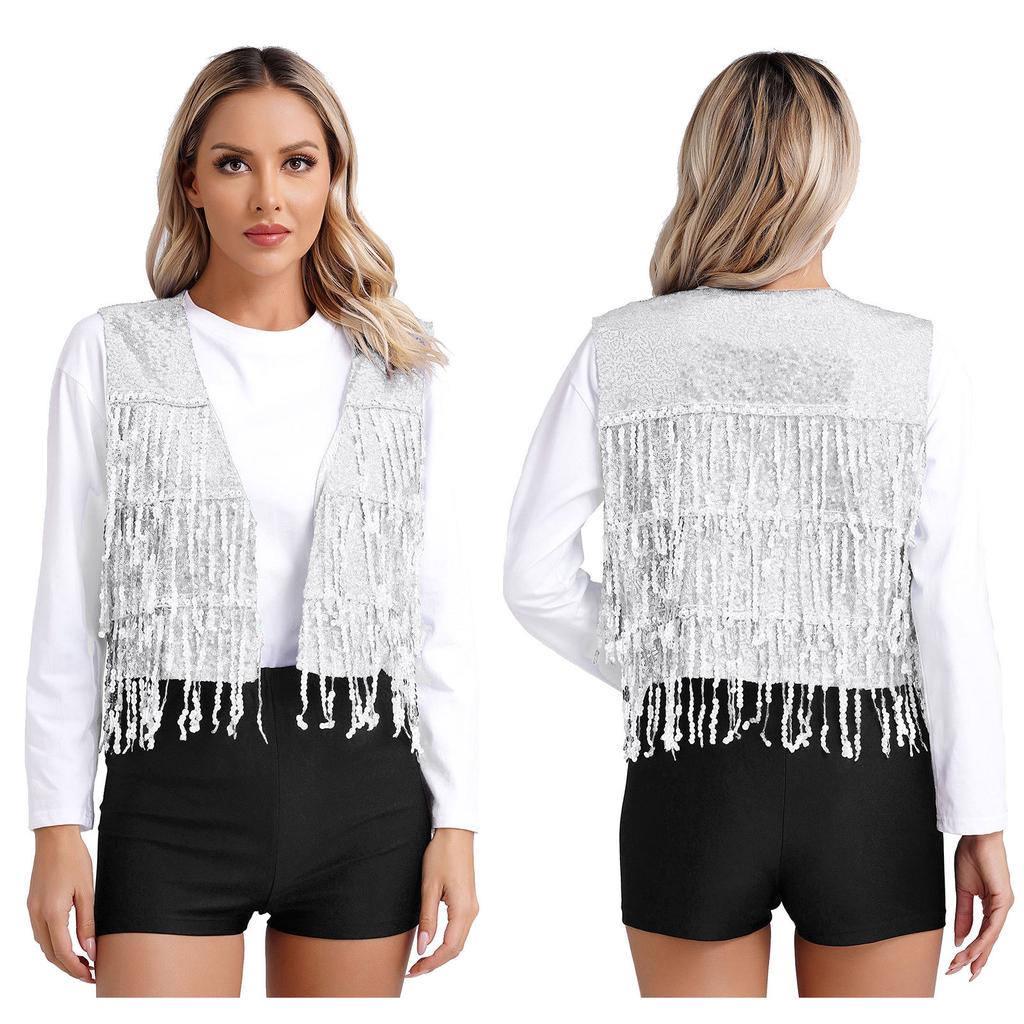 Women Glitter Sequin Tassel Vest Sleeveless V Neck Open Front Waistcoat for Club Dancing Music Festival Rave Stage