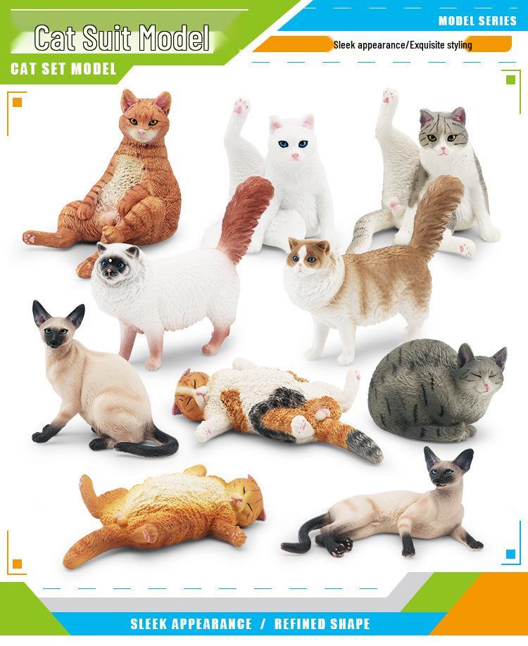 Children's Kitten Model Set: Ragdoll Cat, Lazy Orange Cat, Paw-Up Grey Cat, Sleeping Calico Cat, Lying Siamese Cat Figurines.