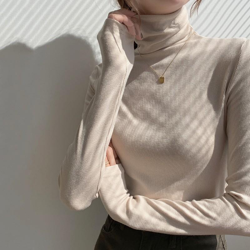 Threaded Cotton High-neck Base Shirt for Women Long-sleeved T-shirt Autumn and Winter Clothes Slim Fit and Shoulder Top