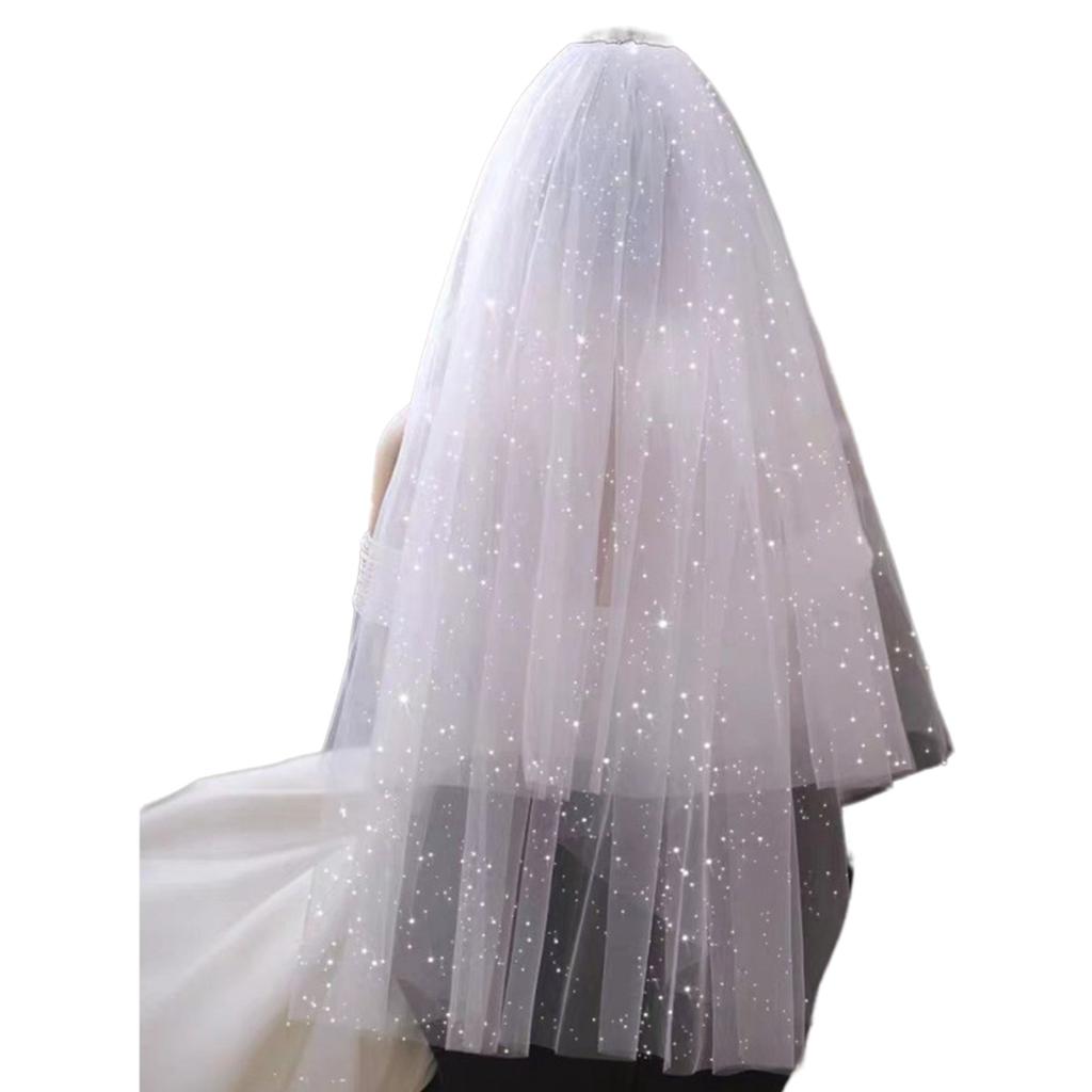 Elegant Bridal Lace Veil Women Pearl Tulle Bachelorette Party White Veil with Rhinestone for Wedding Performances