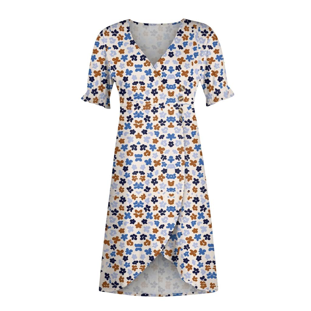 Женское летнее повседневное платье с v-образным вырезом и трапециевидным вырезом в стиле бохо, платье с цветочным принтом и воланами, с запахом и подолом