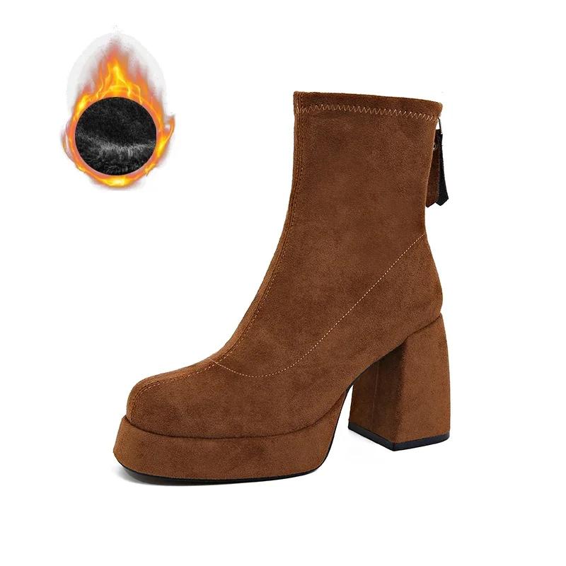 Designer Winter Women Modern Ankle Boots Short Plush Short Booties Ladies Platform Square High Heels Shoes