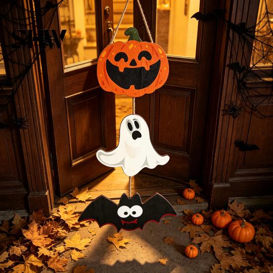Funny Cartoon Party Wall Decorations Halloween Wooden Hanging Ornament, Jack-o'-Lantern Ghost Bat 3-Tier String Door Hanger, Cute Spooky Festival